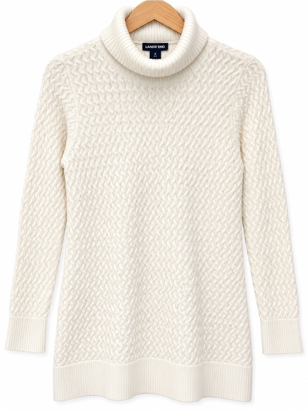 Lands’ End Women’s S Ivory Textured Cotton Turtleneck Tunic Sweater